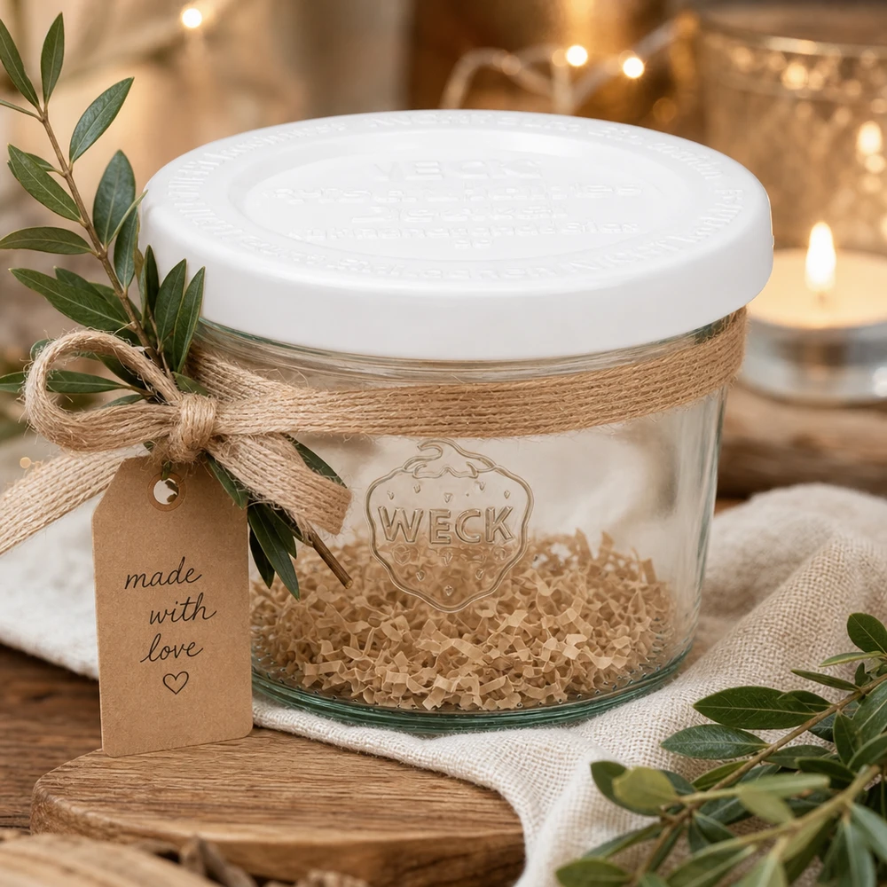 WECK 80ml Sturzglas RR60 dekorativ arrangiert mit Juteschnur Geschenkanhänger und Olivenzweigen auf rustikalem Holz