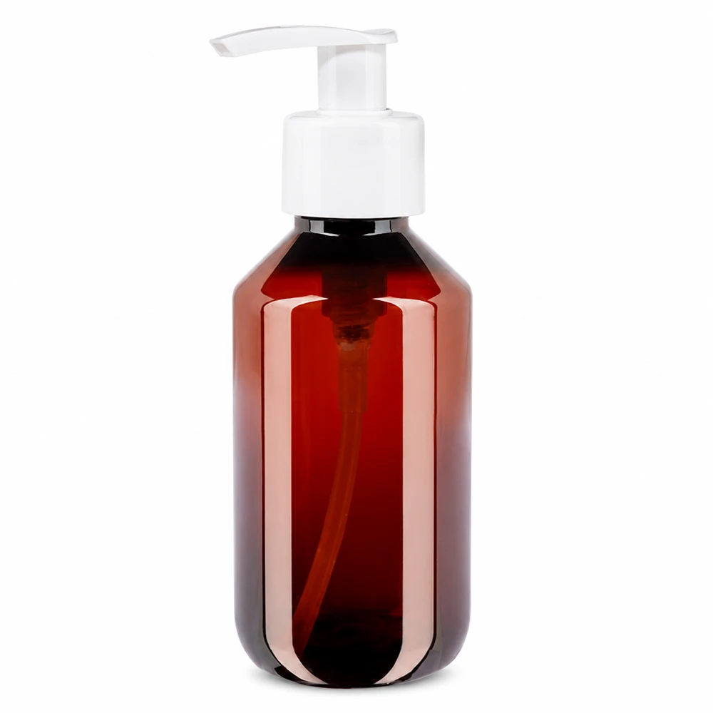 PET láhev 200ml s dávkovací pumpičkou bílá Nachfüllbare 200ml Kunststoffflasche bernsteinfarben mit weissem Pumpaufsatz für Kosmetik