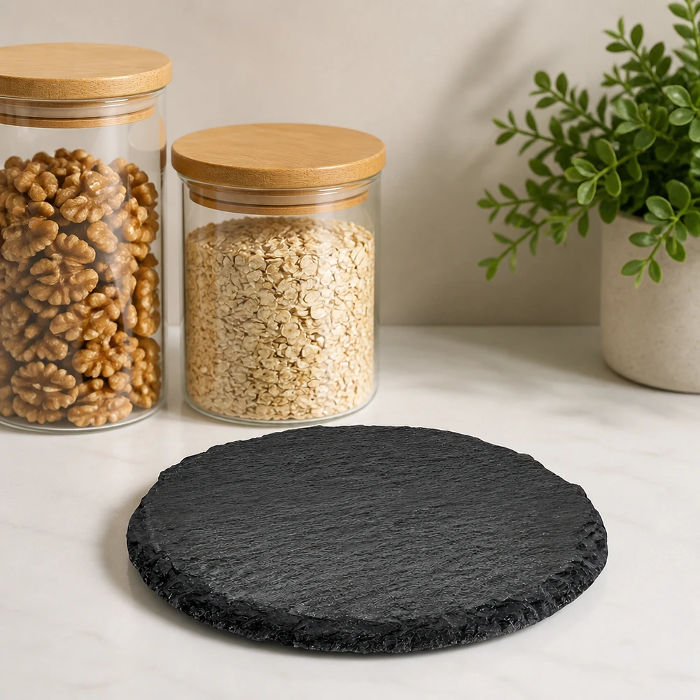 Břidlicový servírovací talíř kulatý Ø150mm Runde Schieferplatte 15cm Durchmesser auf weißer Küchentheke neben Vorratsgläsern mit Nüssen und Haferflocken