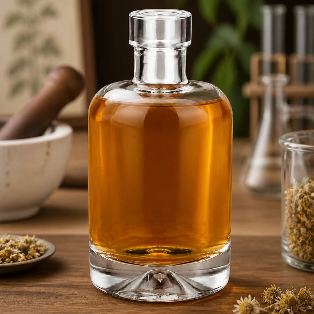 50ml Glasflasche Amelie mit bernsteinfarbenem Kräuterelixir befüllt auf Holztisch mit Kamille und Gewürzen dekoriert