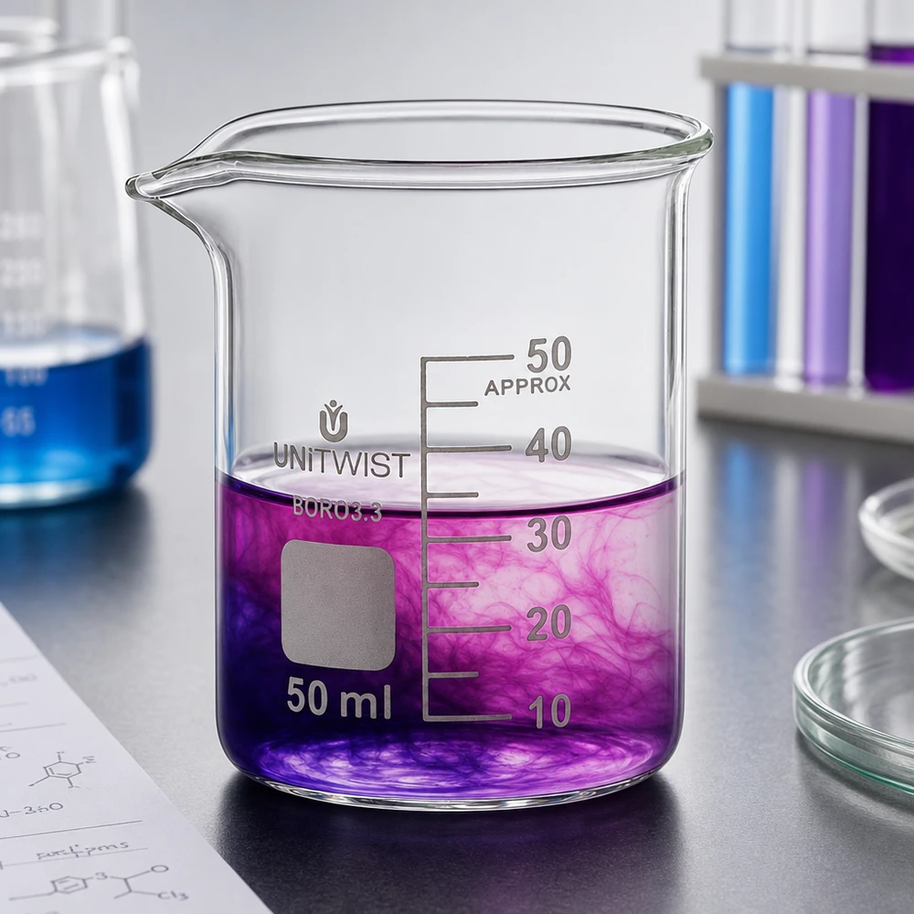 Kádinka 50ml borosilikátová, nízká forma UNiTWIST Graduiertes 50ml Becherglas niedrige Form UNiTWIST mit Kristallviolett auf Labortisch