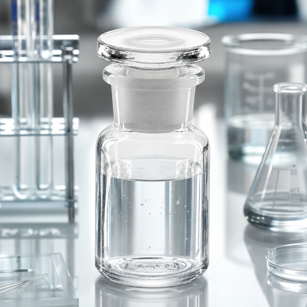 Láhev s kulatým ramenem 50ml čirá skleněná zátka se širokým hrdlem Kompakte Laborflasche 50ml mit Glasstopfen und Weithalsöffnung umgeben von Laborglasgeräten