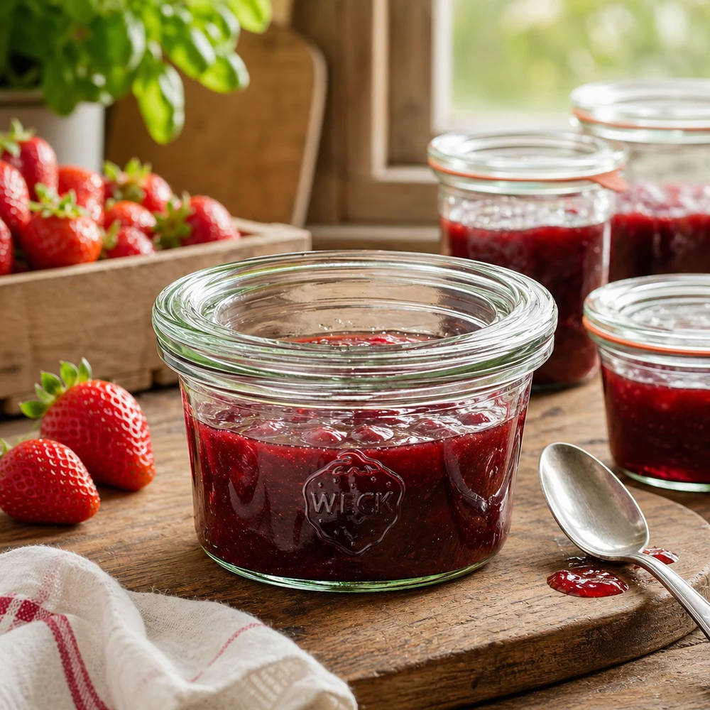Skleněné 50ml sklenice s víčkem WECK RR60. WECK Sturzglas 50ml gefüllt mit Erdbeermarmelade auf Holzbrett neben frischen Erdbeeren in rustikaler Küche