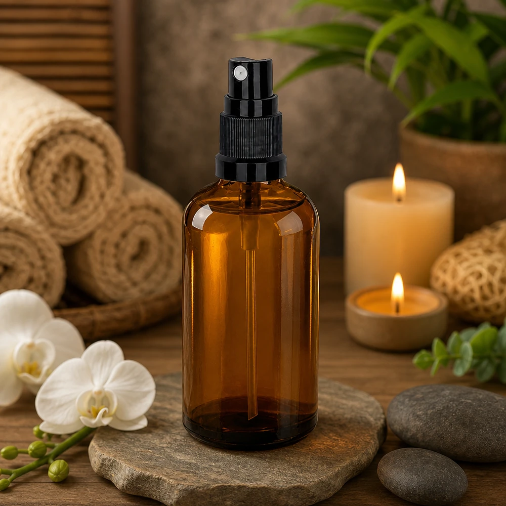 100ml láhev s rozprašovačem černá standardní uzávěr BrownLine UT18/100 Professionelle 100ml Sprayflasche braun mit UT18 Verschluss für aromatherapeutische Mischungen
