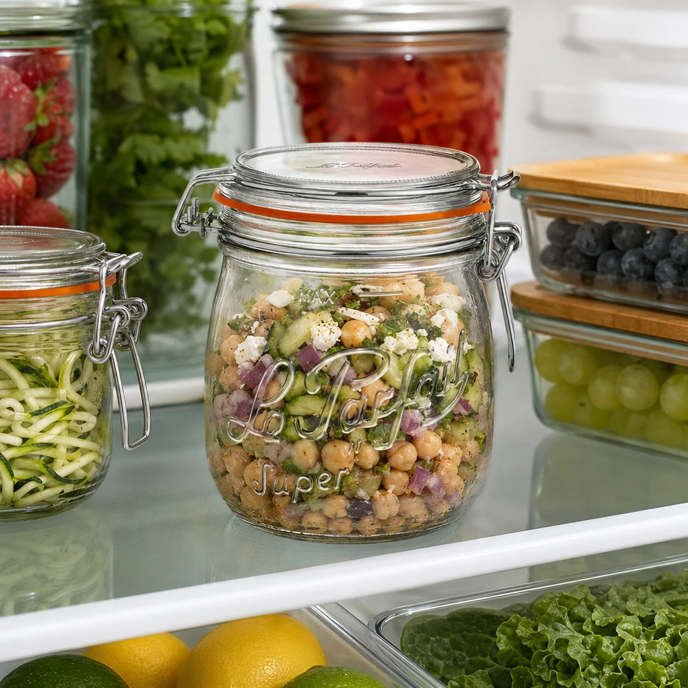 750ml Vorratsglas "Super" mit Bügelverschluss Le Parfait® 750ml Le Parfait Vorratsglas Super mit Bügelverschluss gefüllt mit Kichererbsensalat im Kühlschrank