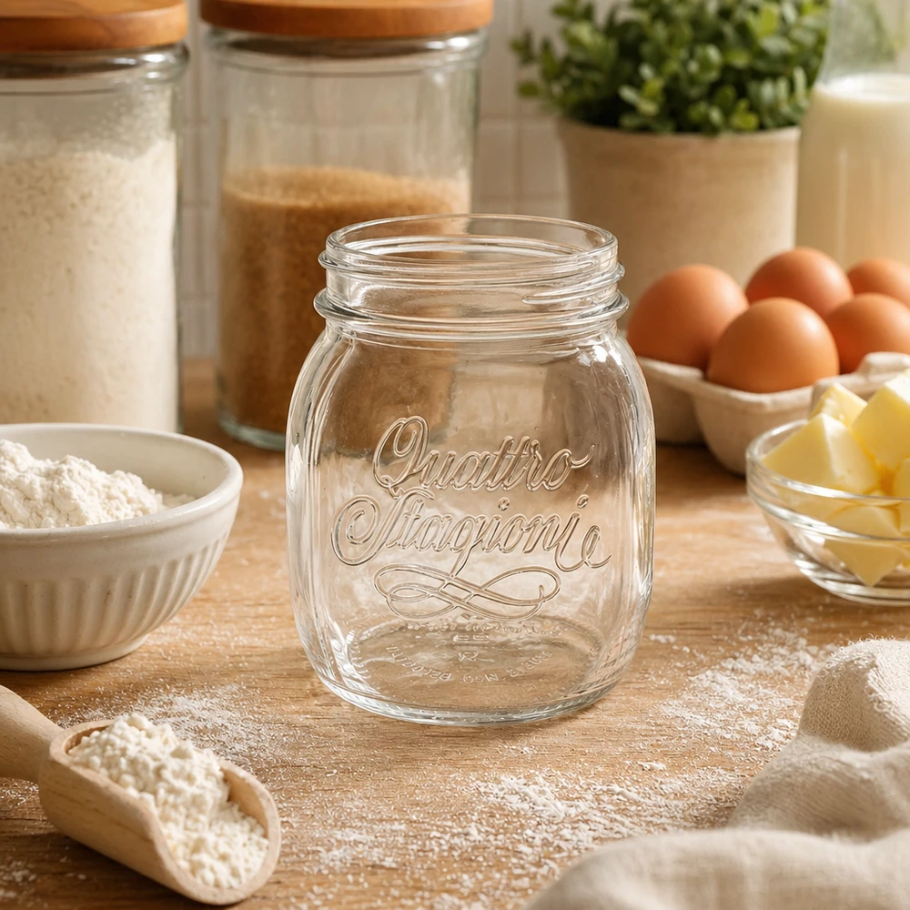 700ml kulatá zavařovací sklenice "Quattro Stagioni" QS86mm 700ml Quattro Stagioni Haushaltsglas leer auf Holztisch umgeben von Backzutaten Mehl Eiern und Butter in Küche