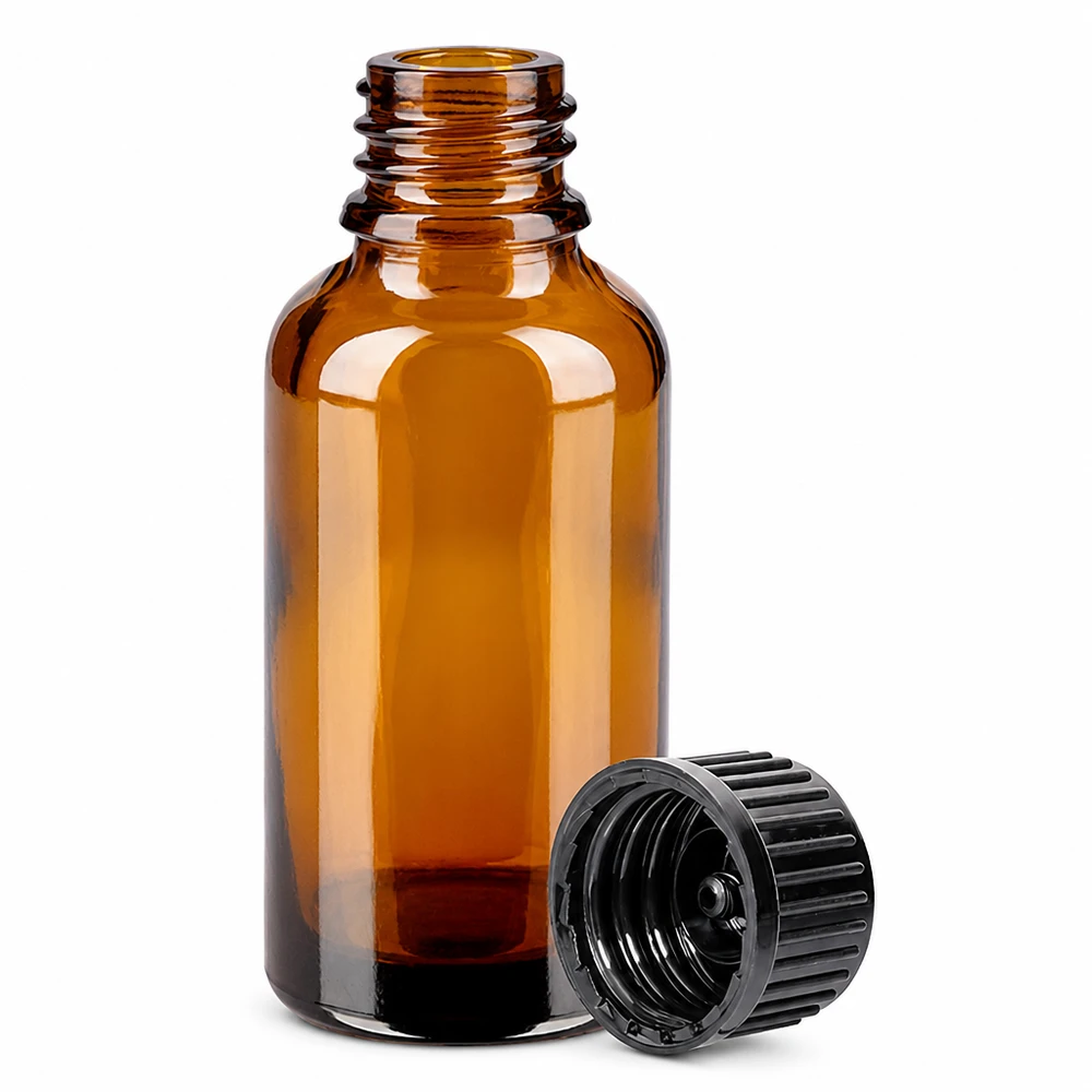 30ml láhev 11mm šroubovací uzávěr černá Standard BrownLine UT18/30 Hochwertige 30ml Glasflasche bernsteinfarben mit Schraubgewinde für homöopathische Mittel