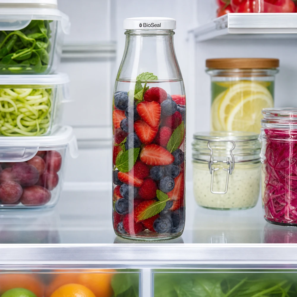 500ml skleněná láhev + víčko BioSeal bílé UNiTWIST 500ml Glasflasche mit BioSeal Deckel im Kühlschrank, gefüllt mit Beeren und Minze, neben Meal Prep Behältern