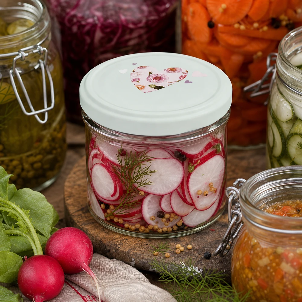 230ml Zylinderglas mit weißem BasicSeal Deckel Herz mint für eingelegte Radieschen mit Dill und Gewürzen