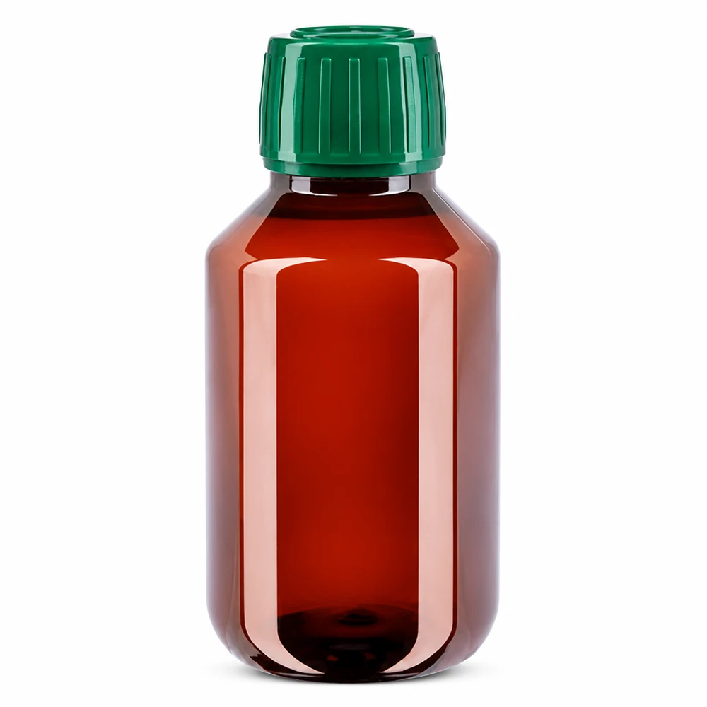 PET láhev 100ml se zeleným uzávěrem s ochranou proti manipulaci PET láhev 100 ml, hnědá, se zeleným originálním uzávěrem pro farmaceutický průmysl a laboratoře