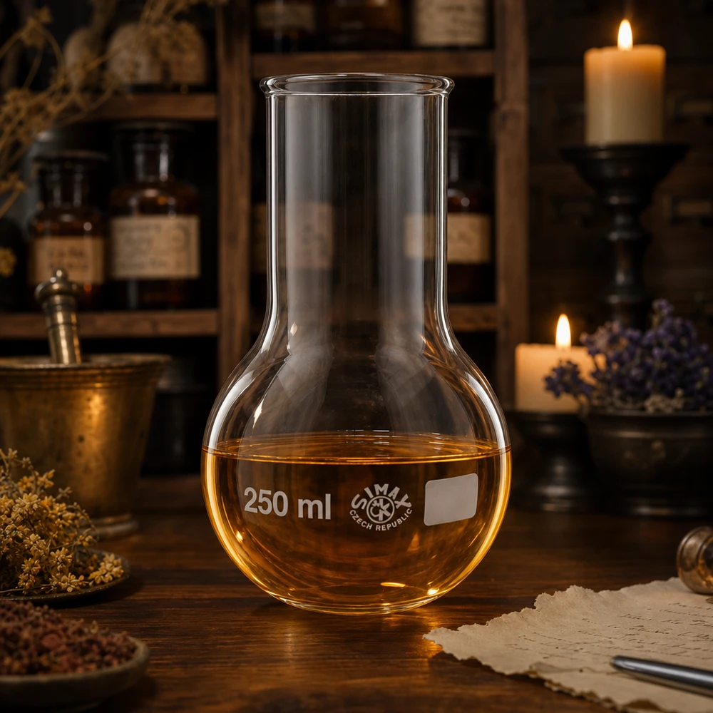 Baňka s širokým hrdlem 250ml Chemiekolben 250ml Weithals mit amber Inhalt umgeben von getrockneten Kräutern und Kerzen