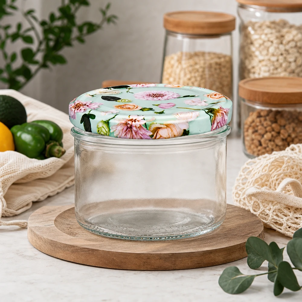 230ml válcová sklenice + víčko BasicSeal flower mint Vorratsglas 230ml mit Blumendeckel mint in Küche - Aufbewahrungsglas auf Holzbrett neben Getreidegläsern