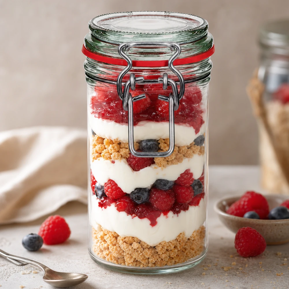 Úložná sklenice o objemu 272 ml s gumovým kroužkem a otočným víčkem UNiTWIST. 272ml Vorratsglas mit Bügelverschluss gefüllt mit Joghurt-Beeren-Dessert zeigt praktische Verwendung für Küche