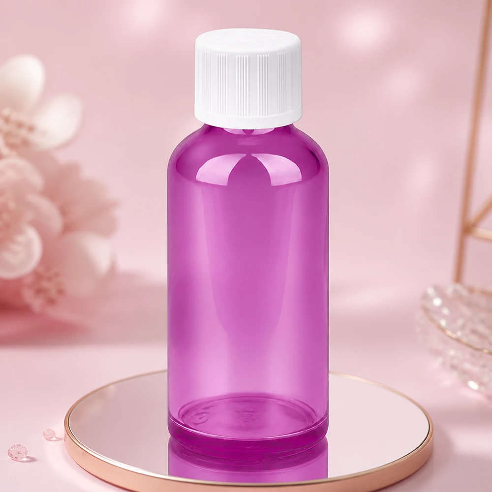 50ml láhev PurpleLine UT18/50 se šroubovacím uzávěrem 11mm bílá standardní odolná proti otevření dětmi. Moderne 50ml Flasche in Purple Line Optik mit praktischem 11mm Schraubverschluss