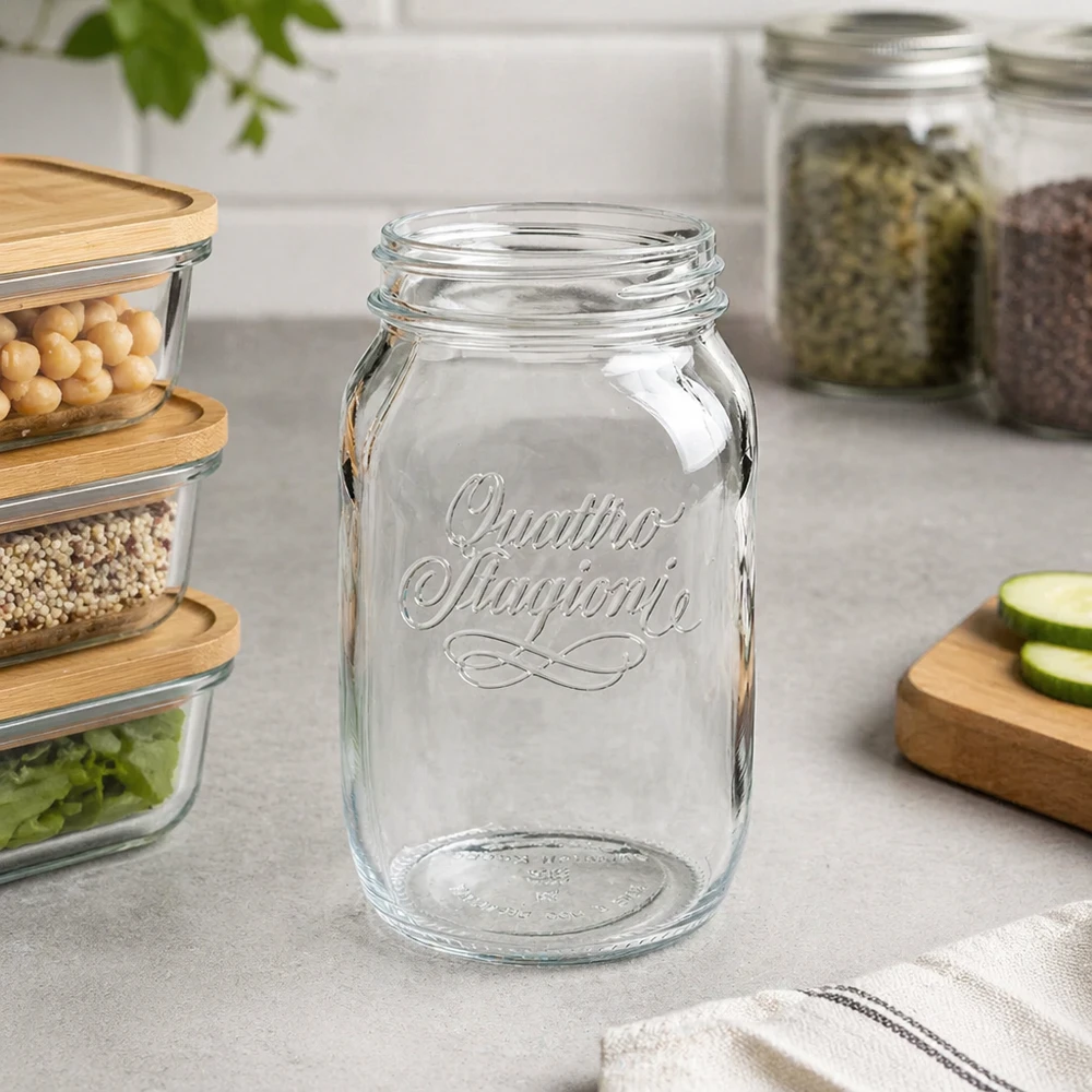 1000ml Quattro Stagioni Haushaltsglas leer auf Küchentheke mit Vorratsgläsern und Holzbrettchen im Hintergrund
