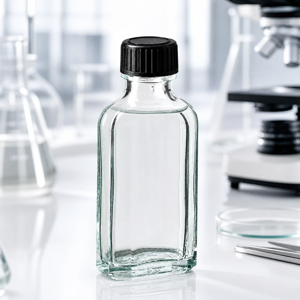 50 ml čirý šroubovací uzávěr Meplat s těsnicím diskem z EPE Transparente Meplat Flasche 50 ml mit schwarzem Verschluss neben Mikroskop und Petrischale