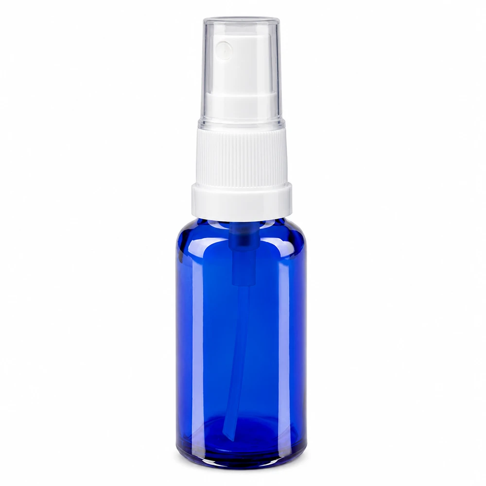 Lékárenská lahvička modrá 20ml s rozprašovacím nástavcem bílá 20ml Lichtschutz-Sprayflasche blau ApoGlas mit weißem Sprühaufsatz und Steigrohr