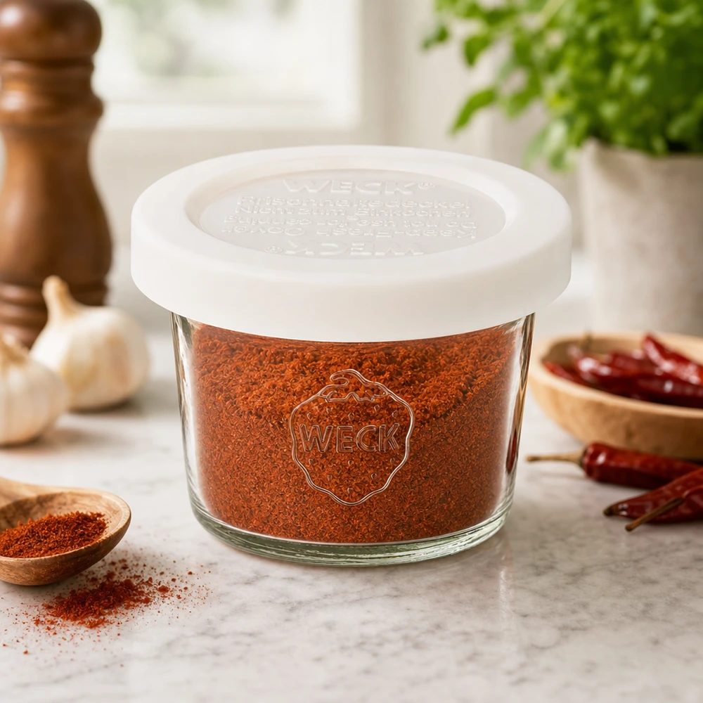 WECK Sturzglas 35ml RR40 mit Paprikapulver befüllt in Küchenambiente mit Gewürzen und Knoblauch, Gewürzaufbewahrung