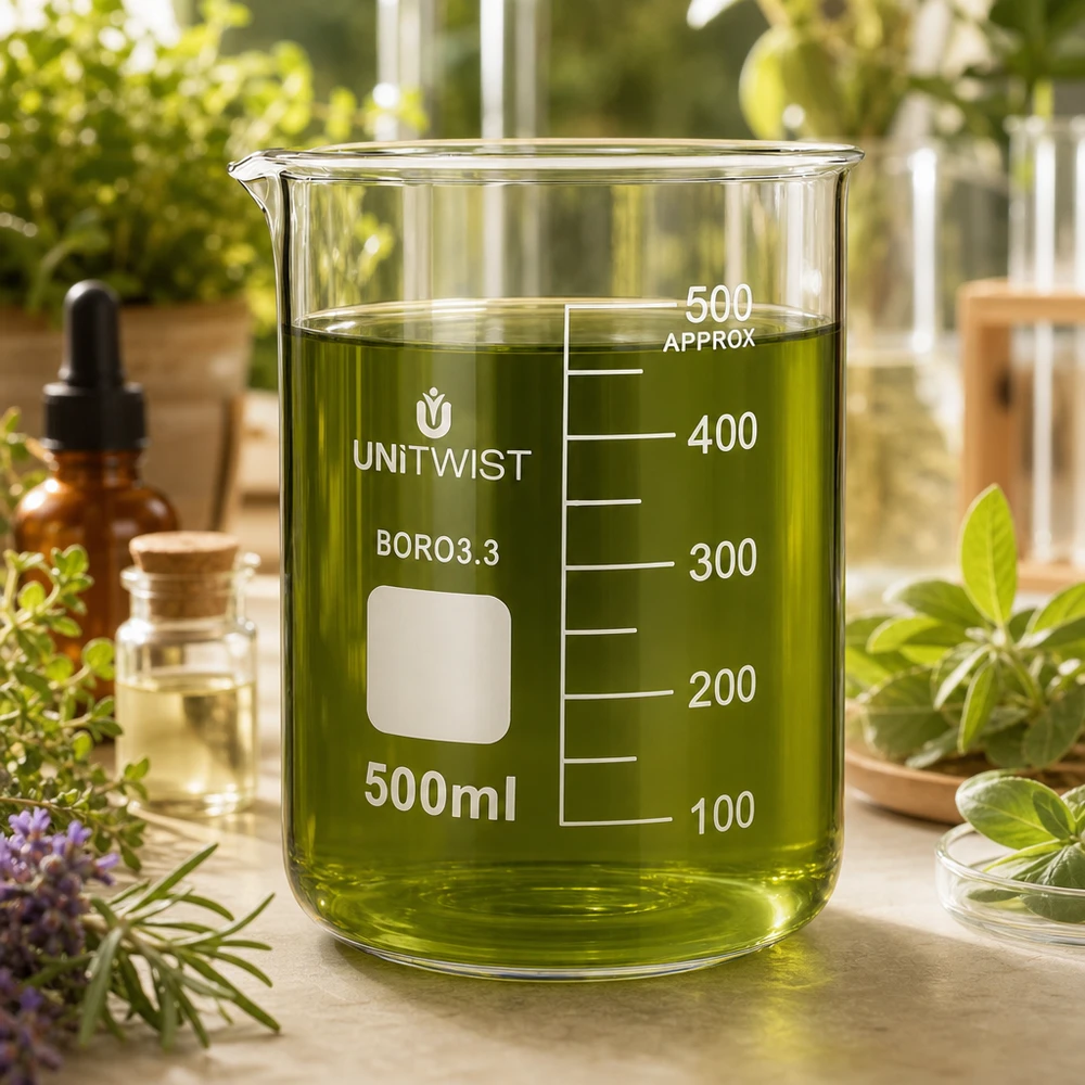Kádinka 500 ml borosilikátová, nízká forma UNiTWIST Becherglas 500ml Borosilikat UNiTWIST niedrige Form neben ätherischen Ölen und Kräutern
