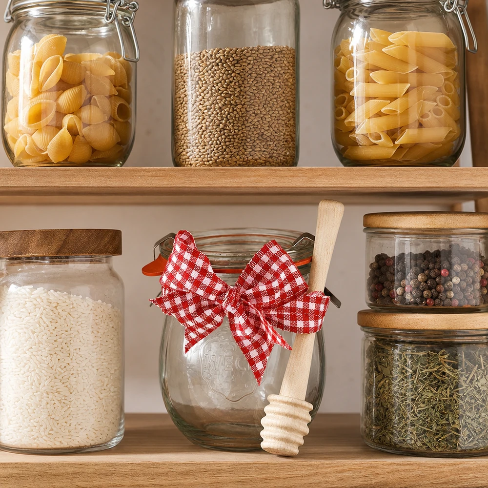 Vorratsschrank mit WECK-Gläsern für Nudeln und Gewürze, Mini-Tulpenglas 220ml mit Honiglöffel als Küchendeko