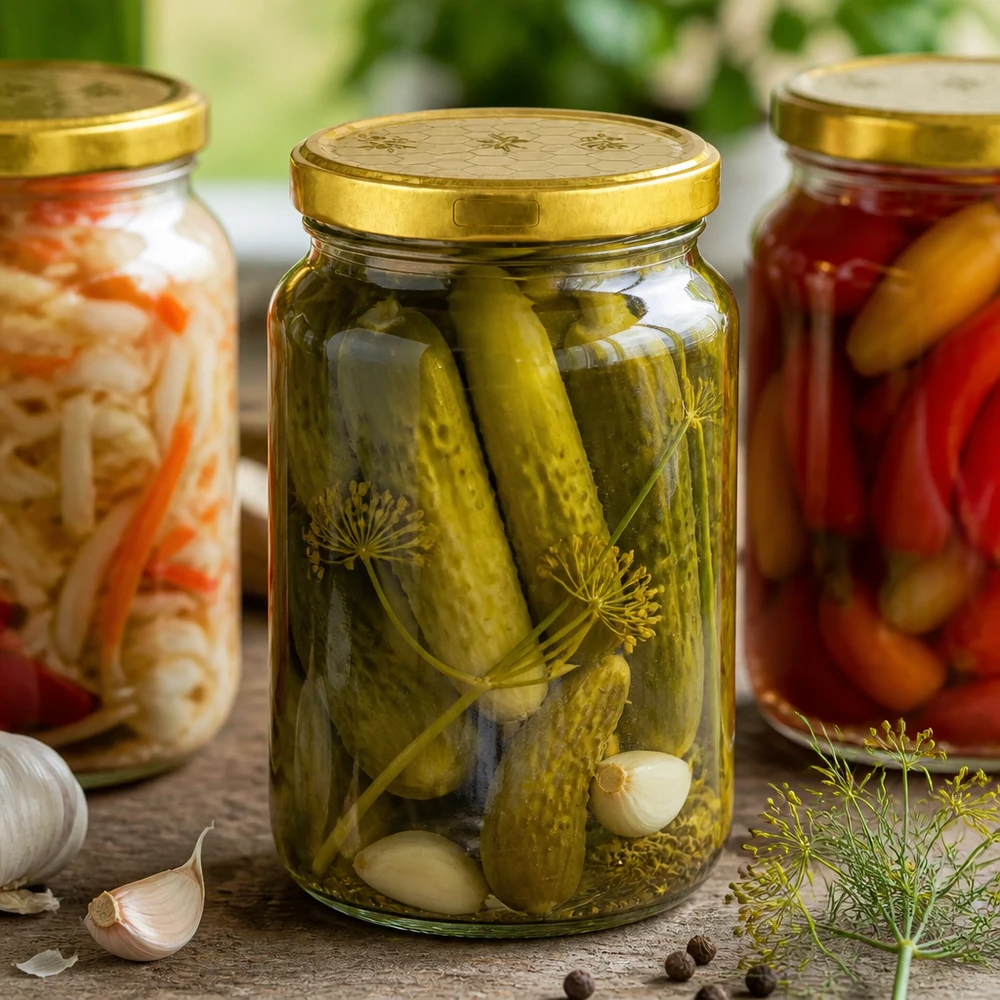 795ml Rundglas mit goldenem Deckel für Eingemachtes - Gurken, Sauerkraut und Mixed Pickles in Vorratsgläsern