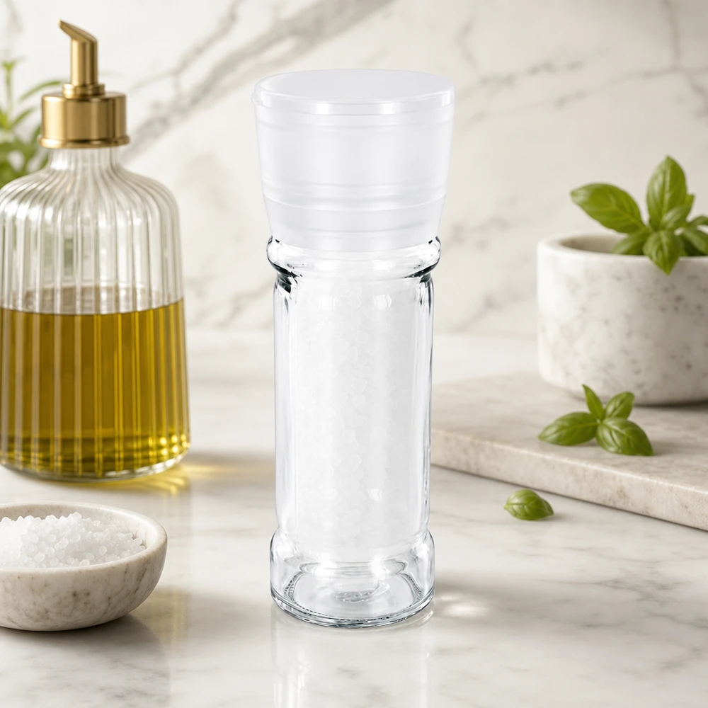 Schlankes Gewürzglas 100ml mit integrierter Mühle ideal für grobes Meersalz und Pfefferkörner