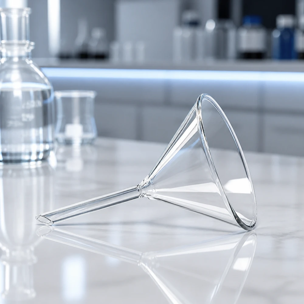 Nálevka ø 70 mm sodnovápenatá, úhel 60°, krátká. Spülmaschinenfester Glastrichter 70mm aus robustem Kalk-Soda-Glas für hygienische Laborarbeitsplätze
