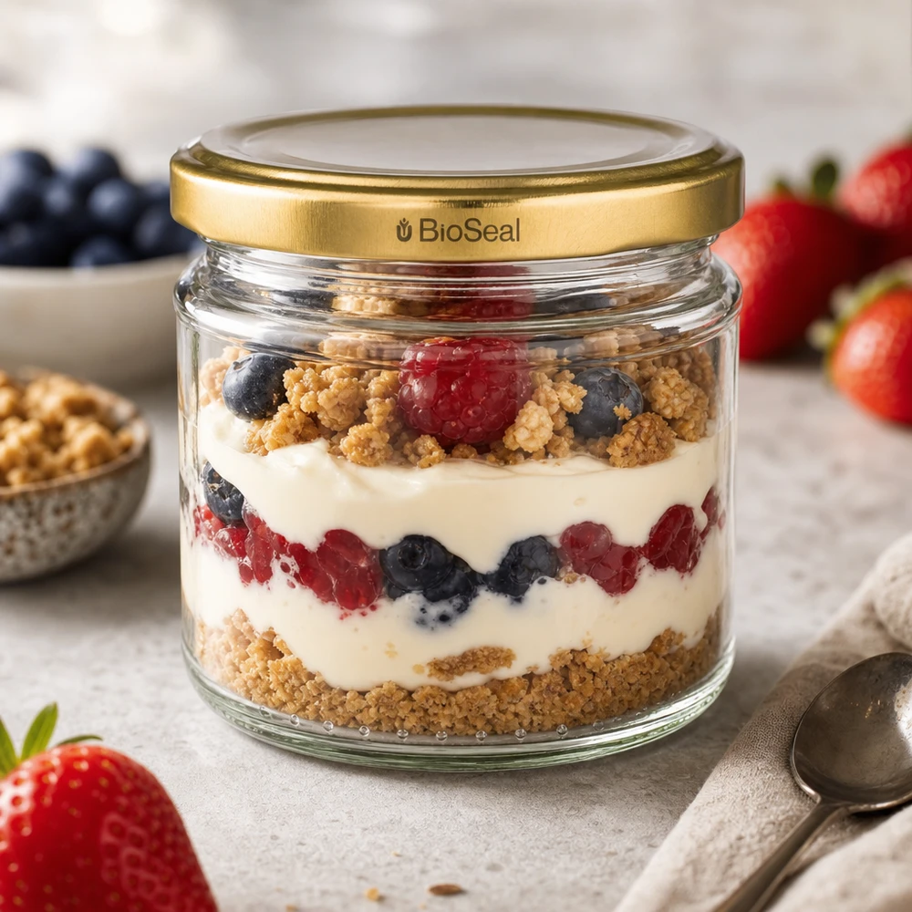 Kulatá sklenice o objemu 212 ml se zlatým víčkem UNiTWIST BioSeal. UNiTWIST Rundglas 212ml mit goldenem TO66 BioSeal Deckel als Dessertglas mit Beeren-Joghurt-Schichtdessert