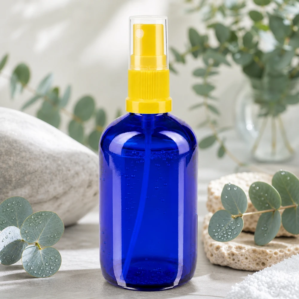 Blaue Rundglasflasche 100ml mit gelb-transparentem Fingerpump-Zerstäuber Apothekenqualität