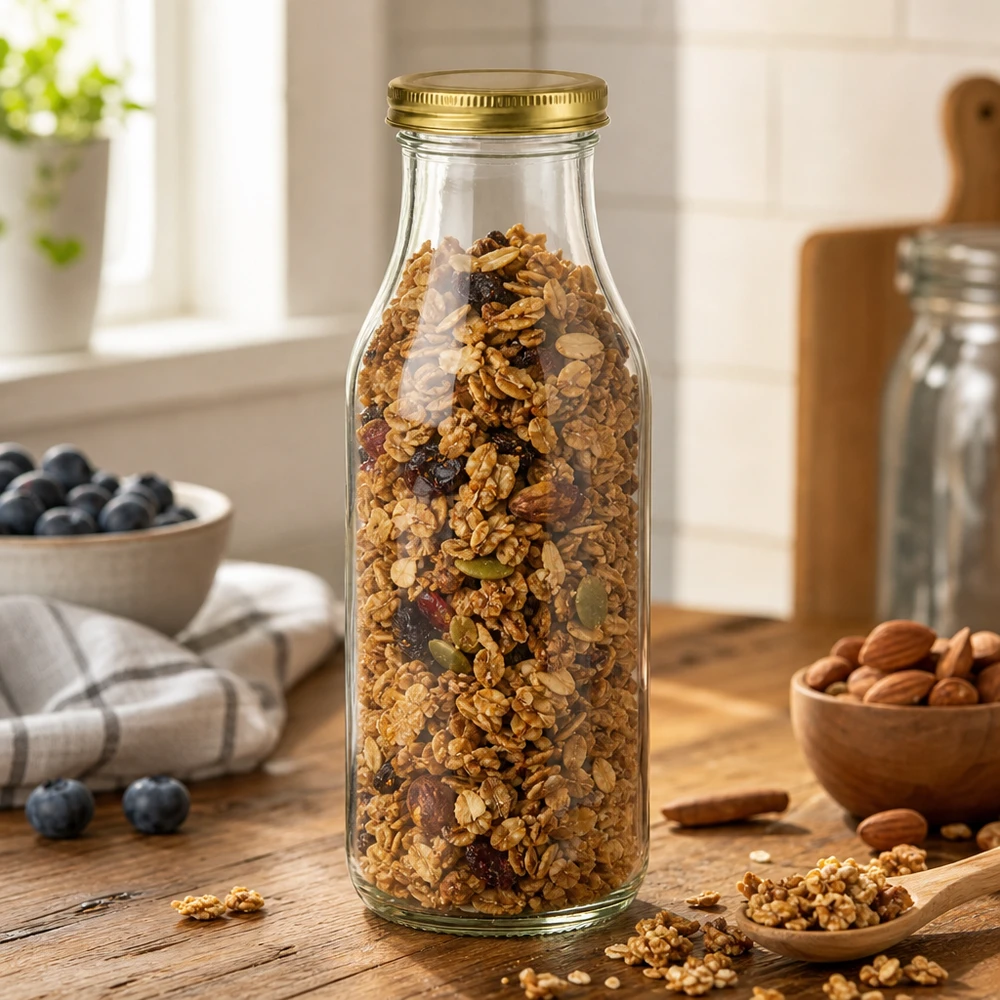 Láhev o objemu 263 ml se zlatým víčkem UNiTWIST BioSeal. UNiTWIST Bottle263 mit Müsli befüllt zeigt goldenen TO43 BioSeal Deckel in rustikaler Küchenumgebung mit Nüssen