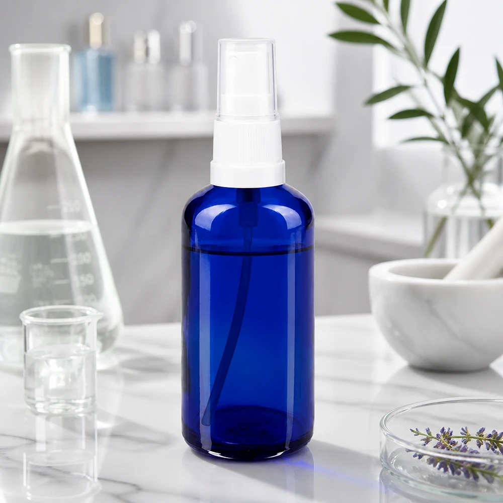 Lékárenská lahvička modrá 50ml s rozprašovacím víčkem bílá Kompakte 50ml Blauglasflasche mit weißem Pumpzerstäuber ideal für ätherische Öle