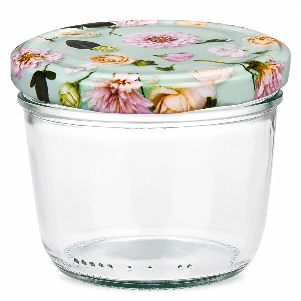 230ml kelímky + víčko BasicSeal flower mint UNiTWIST 230ml Sturzglas mit BasicSeal Deckel in Blume mint Design, leeres Einmachglas für Marmelade und Konserven