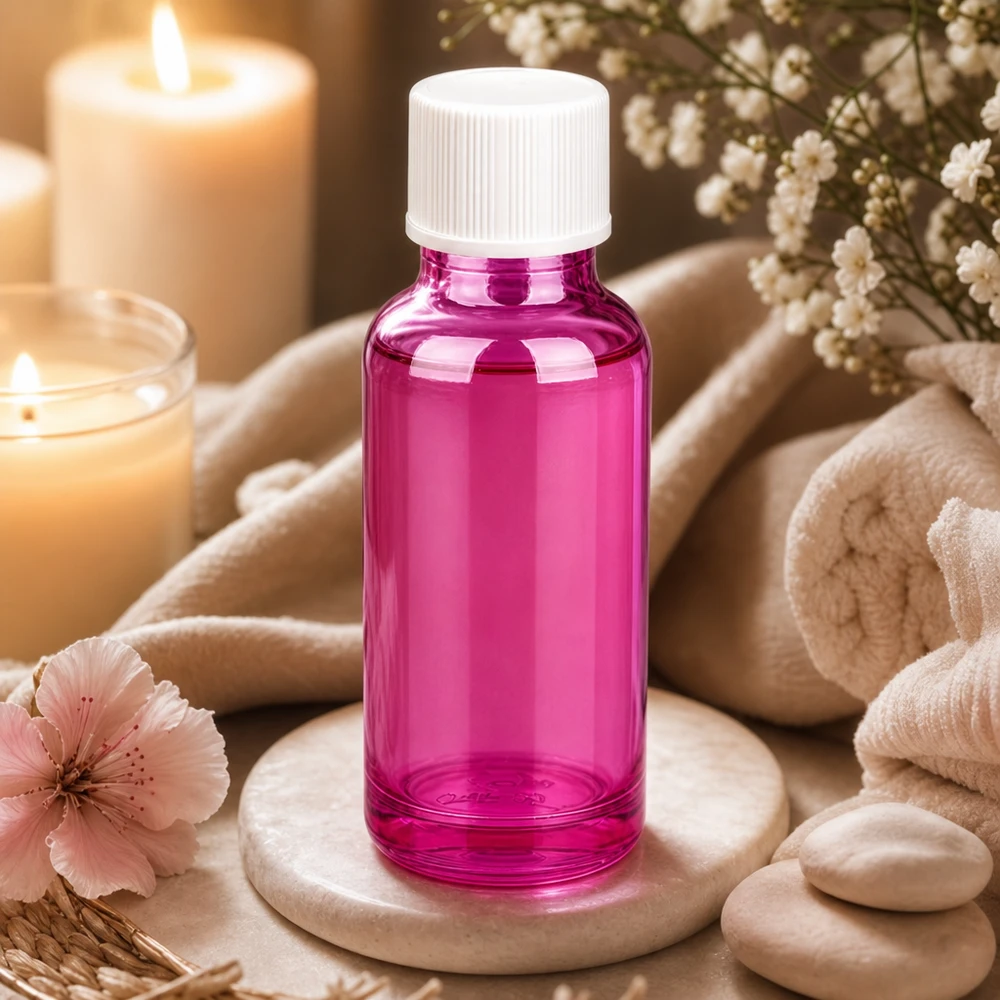 Stilvolle lila 20ml Flasche mit weissem Deckel perfekt für individuelle Mischungen