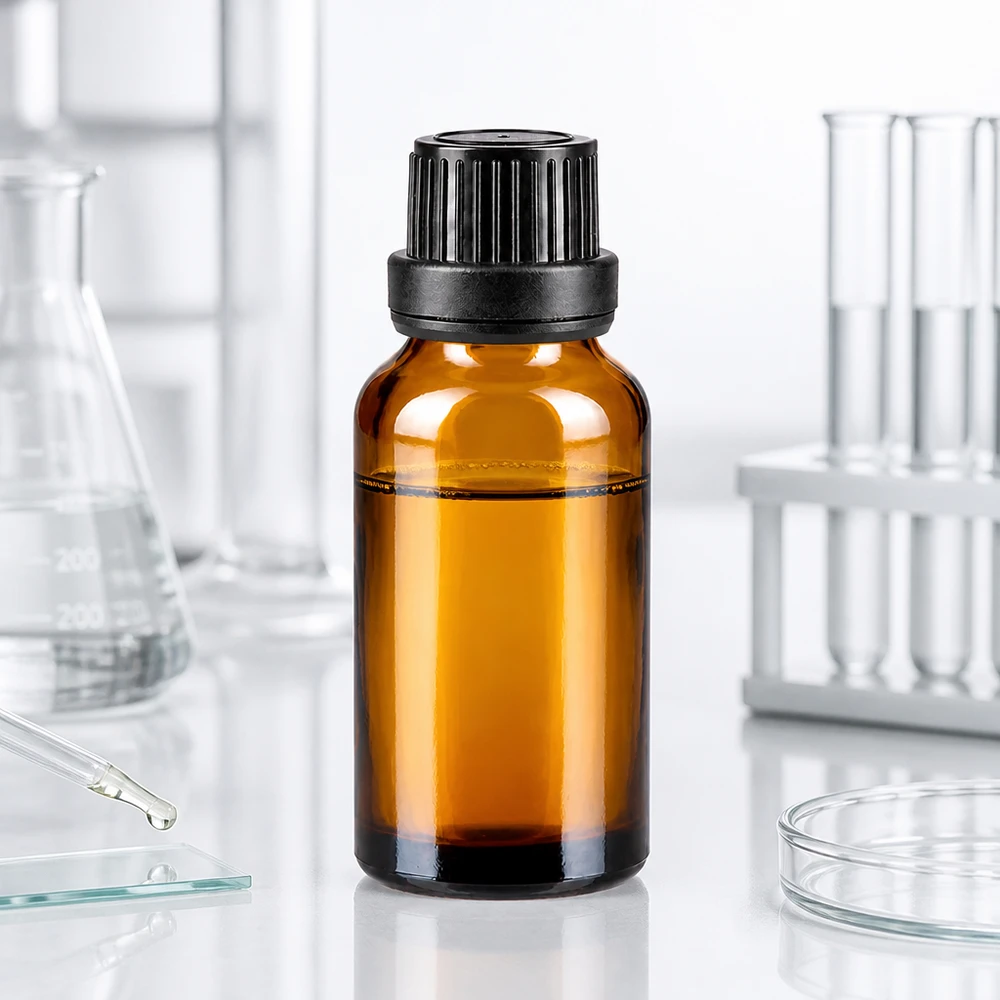 Lékárenská láhev hnědá 20ml kapací uzávěr nalévací kroužek 2mm černý tamper evidentní uzávěr. Lichtgeschützte 20ml Glasflasche bernsteinfarben mit präzisem 2mm Tropfeinsatz und OV-Kappe