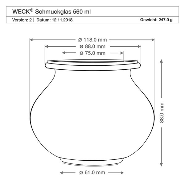 Dóza na šperky WECK RR80 o objemu 560 ml s kuličkou z bukového dřeva WECK Schmuckglas 560ml RR80 technische Zeichnung Maße Durchmesser Höhe 118mm 88mm Produktspezifikation Gewicht 247g