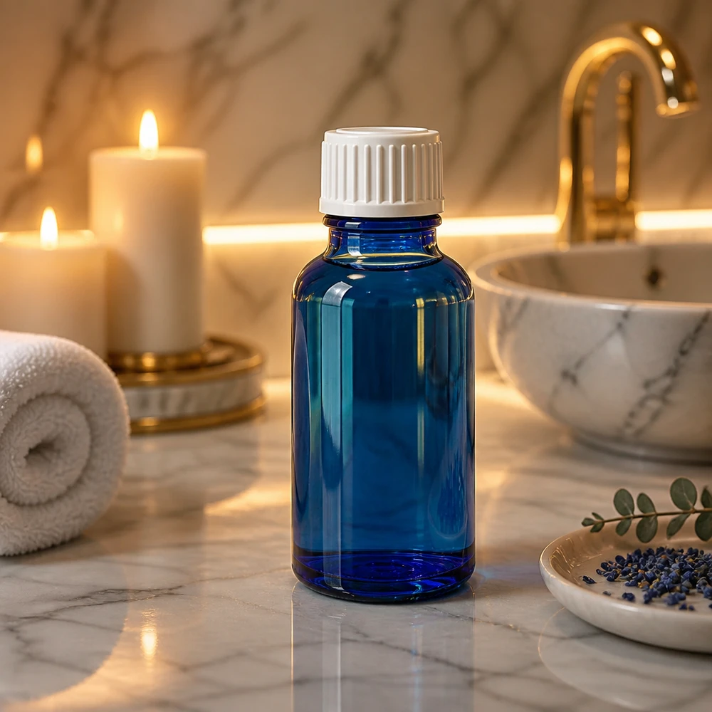 Lékárenská láhev modrá 20ml šroubovací uzávěr bílá štětka Kleine blaue Pinselflasche Apothekerglas 20ml Lavendel Aromatherapie Wellnessbad