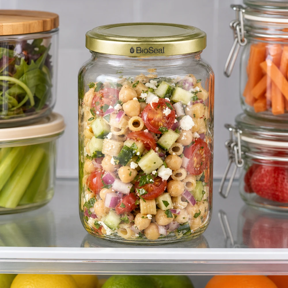 1000g Honigglas mit goldenem Deckel BioSeal UNiTWIST 1000g BioSeal Honigglas mit buntem Kichererbsensalat und Gemüse zeigt ideale Meal Prep Aufbewahrung im Kühlschrank