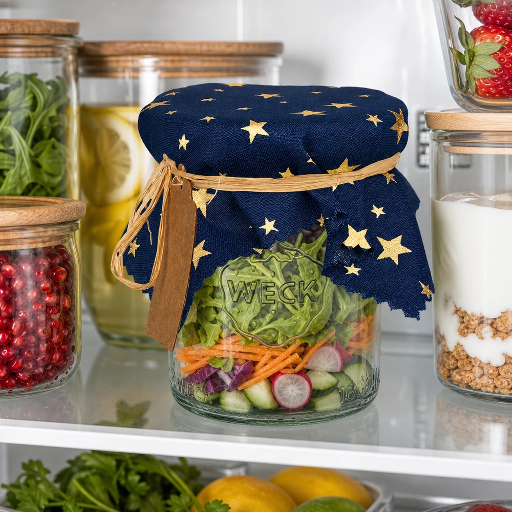 Látkový ubrousek na šperky modrý "hvězdy" 15cm čtvercový Blaues Schmuckdeckchen mit Sternenprint auf Salatglas im Kühlschrank - praktisches Stoffdeckchen 15cm eckig