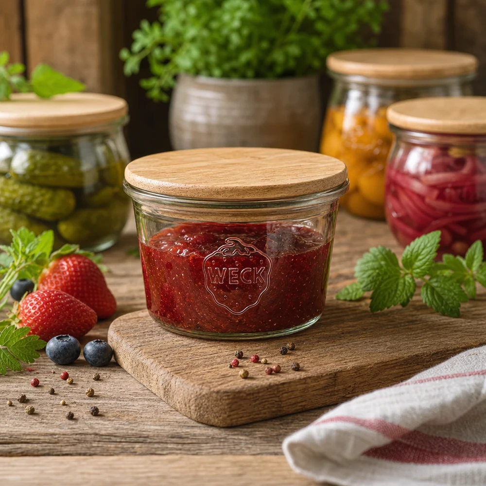 WECK Mini Einmachglas 35ml mit Holzdeckel befüllt mit Marmelade auf rustikalem Holzbrett neben frischen Beeren