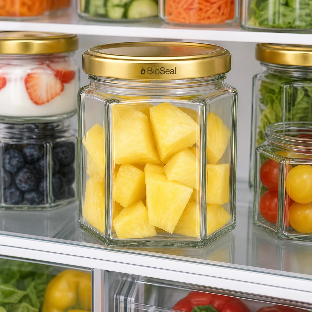Šestihranná sklenice o objemu 47 ml se zlatým víčkem UNiTWIST BioSeal. UNiTWIST Hexa47 Glasgefäß mit Ananas-Stücken im Kühlschrank - perfekt für frische Lebensmittel-Aufbewahrung
