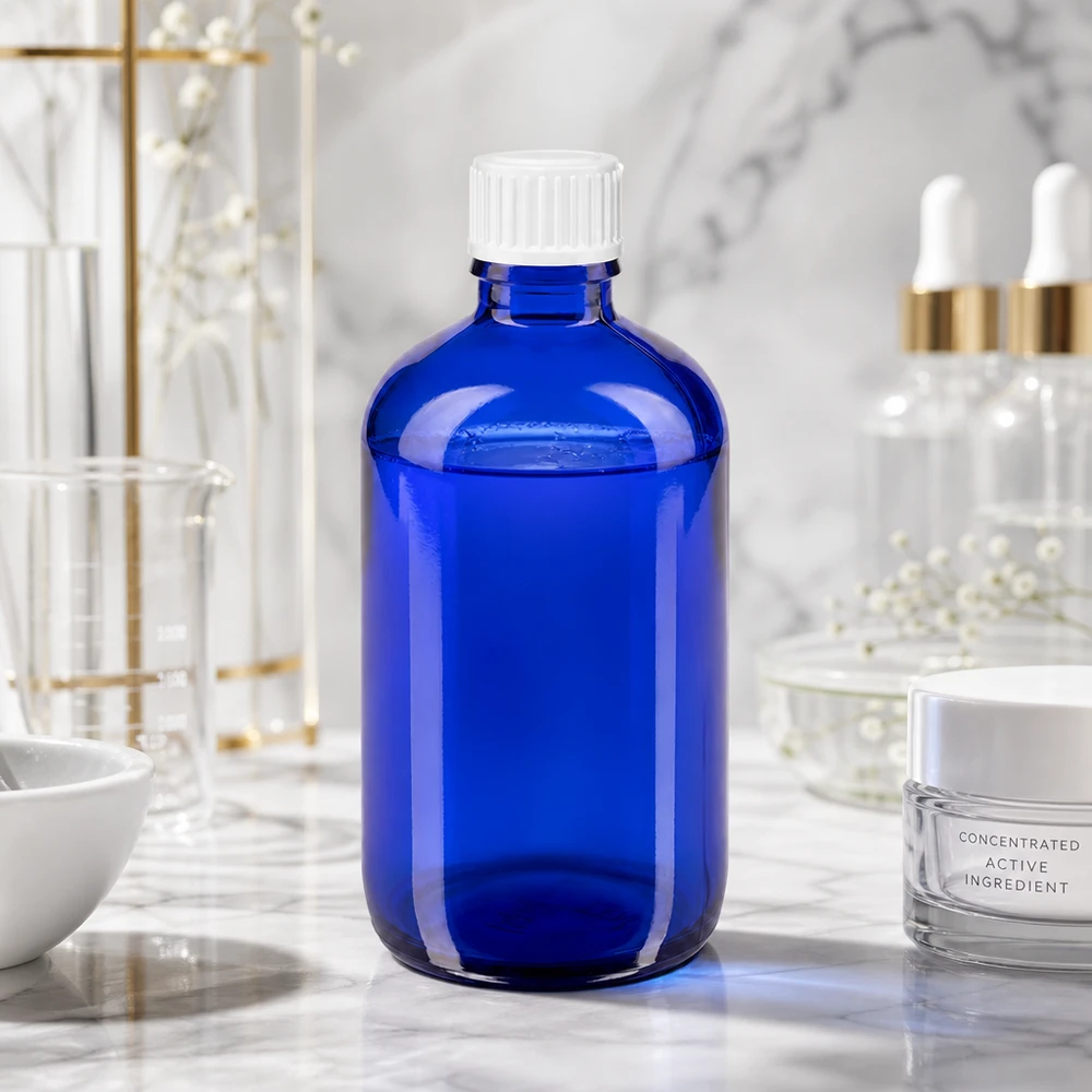Lékárenská láhev modrá 100ml šroubovací uzávěr bílý standardní Blaue Apothekerflasche SV Standard 100ml für Kosmetik Pharmazie und ätherische Öle