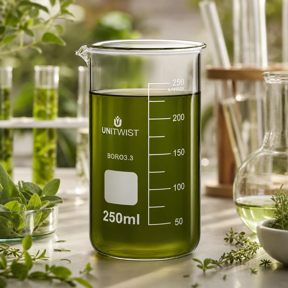 Kádinka 250ml borosilikátová, vysoká forma UNiTWIST Klares Laborglas UNITWIST 250ml hohe Form mit grünem Naturextrakt auf hellem Labortisch