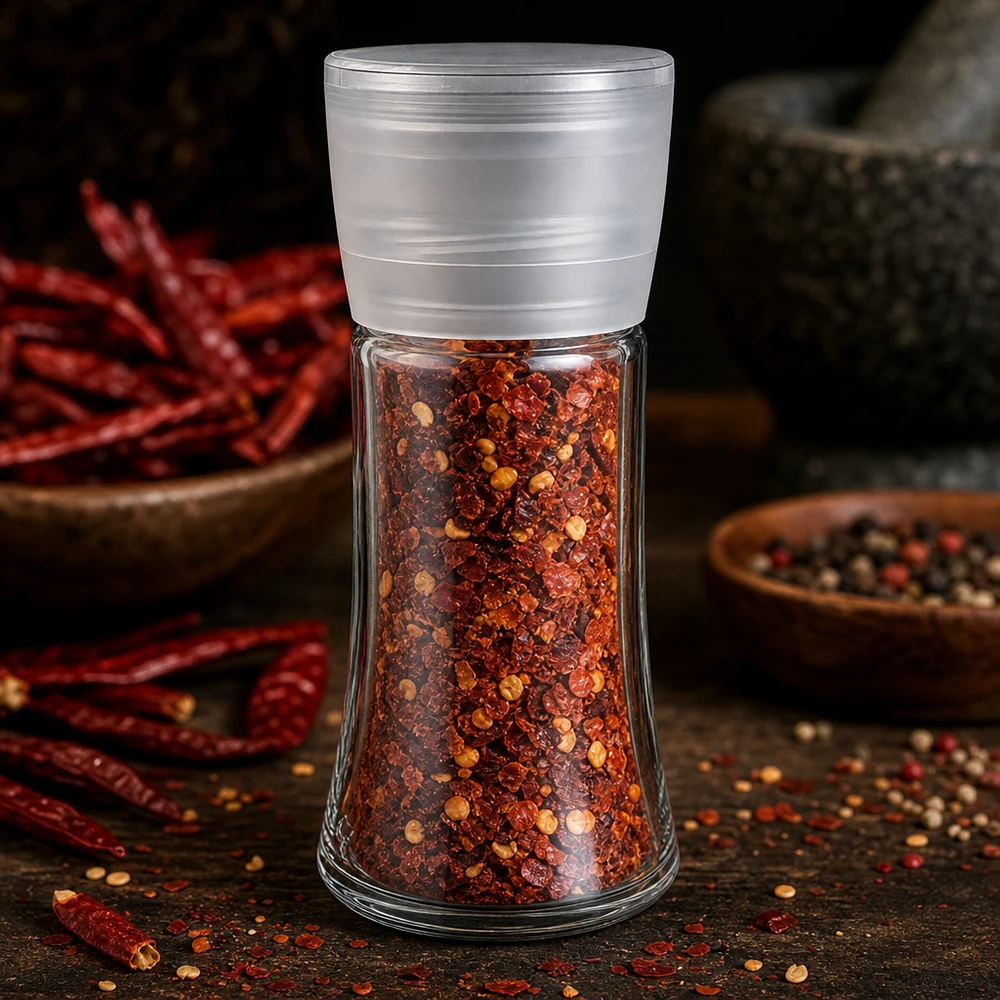 Sklenice na sůl/koření 95 ml s mlýnkem Vario bílá Kompakte Gewürzmühle Vario 95ml mit Chiliflocken neben Pfefferkörnern in Holzschale