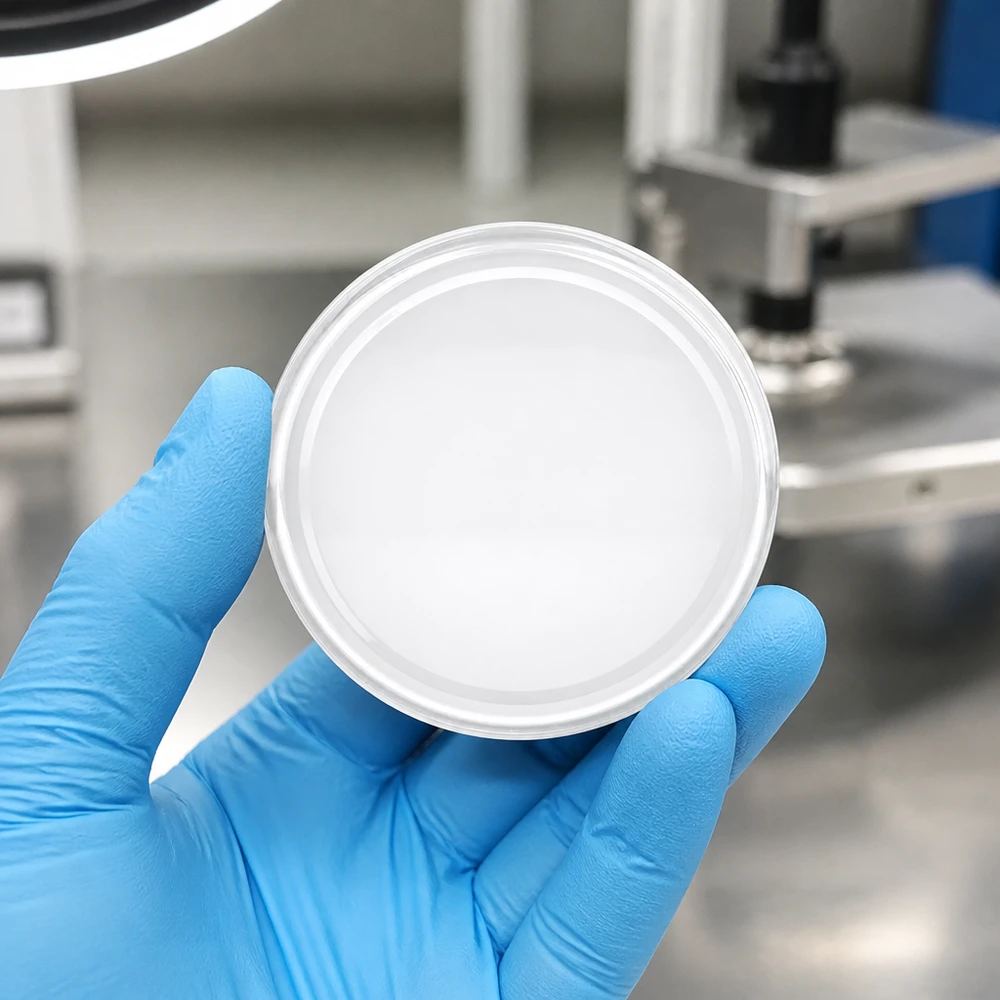 Bílé víčko TO82 o průměru 82 mm BasicSeal UNiTWIST v laboratoři, kde se pracuje v modrých rukavicích