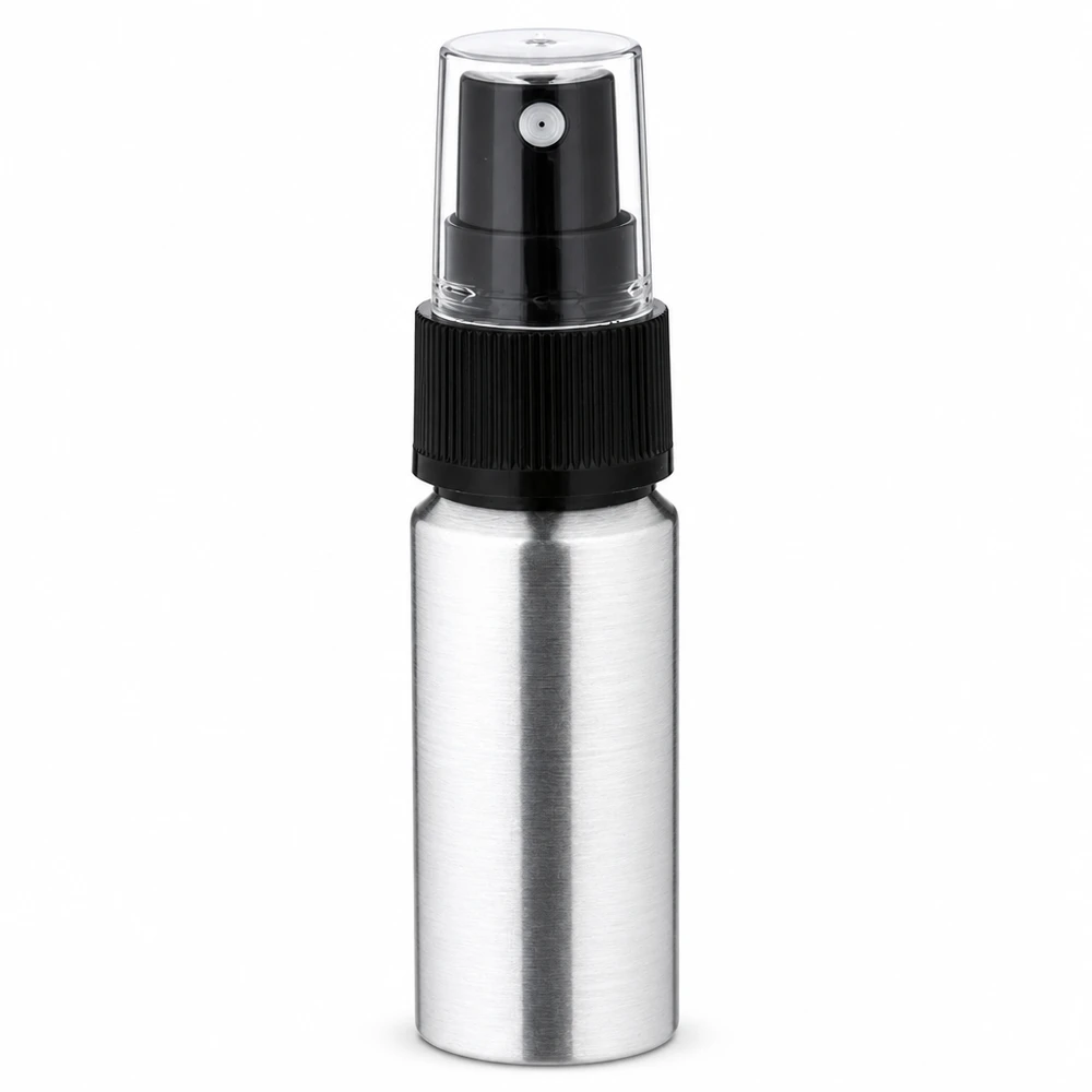 Zylindrische Aluflasche mit Sprühpumpe - schlankes Design in gebürsteter Optik