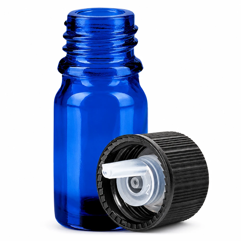 Hochwertige 5ml Tropfflasche mit UV-Schutz durch blaues Glas und praktischem Tropfverschluss