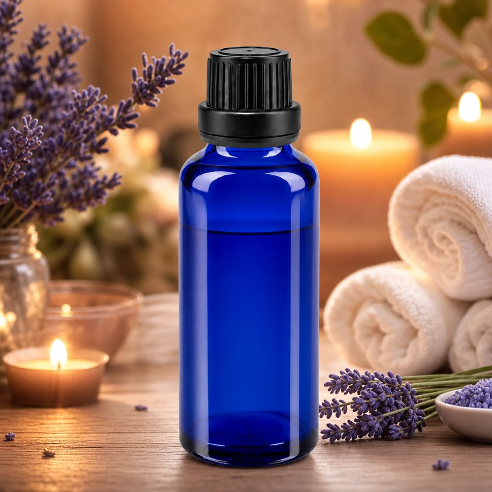 UV-schützendes blaues Apothekerfläschchen 30ml mit schwarzem Verschluss und Präzisionstropfer