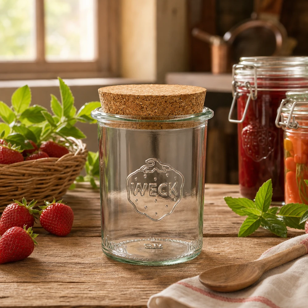 160ml sklenice WECK RR60 s korkem přírodní WECK RR60 Einmachglas 160ml mit Korkdeckel in rustikaler Küche neben Erdbeeren und Marmeladengläsern