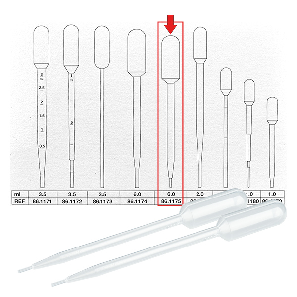 Přenosová pipeta o objemu 6 ml (146x15 mm) bez stupnice. Přenosová pipeta o objemu 6 ml (146x15 mm) bez stupnice.