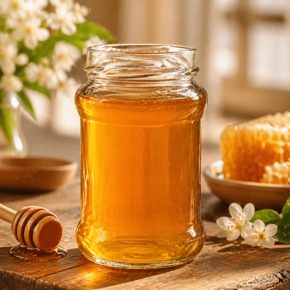 Kulatá sklenice bez víčka o objemu 390 ml (TO66deep) UNiTWIST Rundglas 390ml mit goldgelbem Honig gefüllt auf Holztisch mit Honiglöffel und Blüten UNiTWIST Runda390 TO66deep